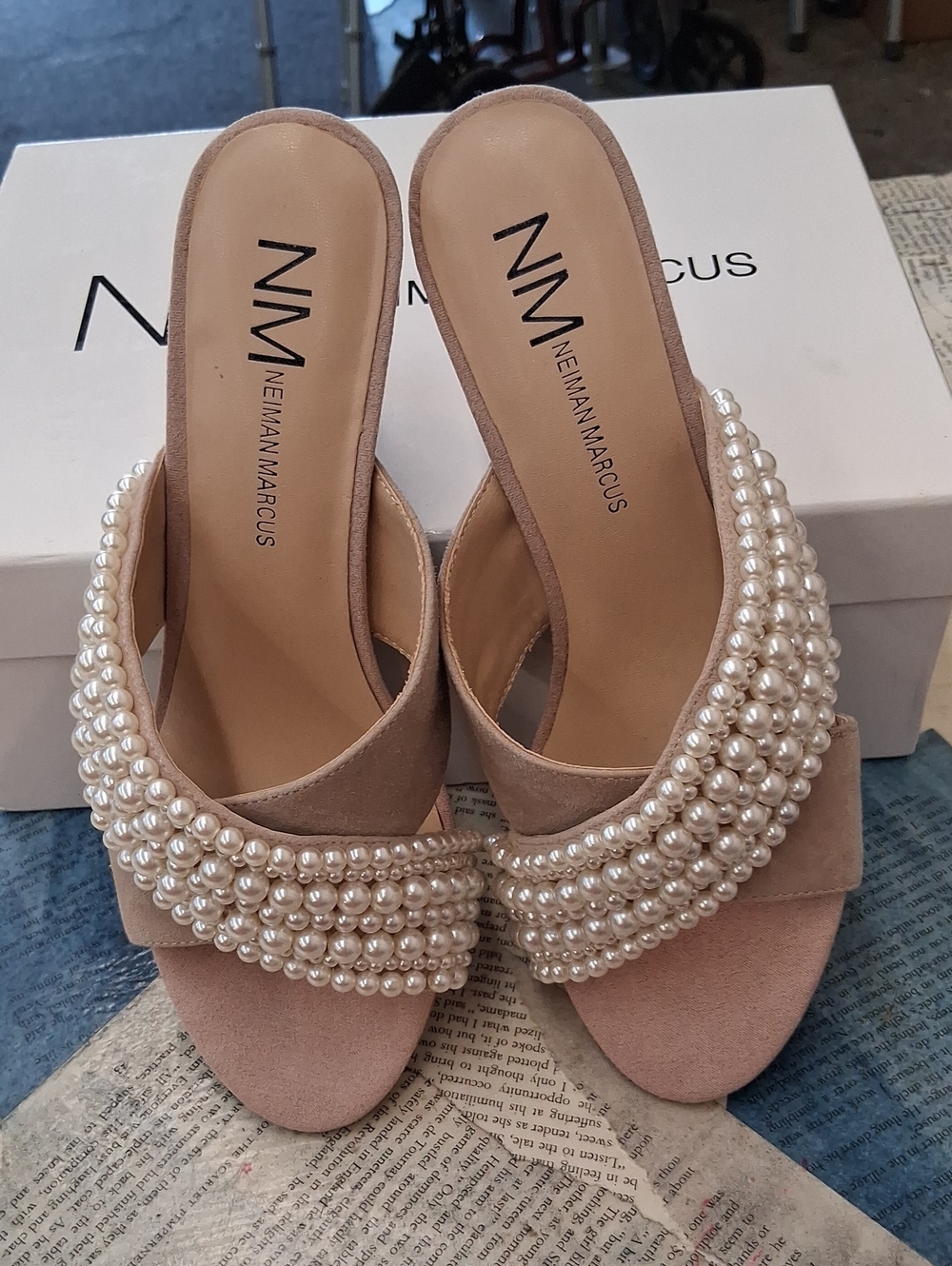 Neiman Marcus Pearl-Strap Blush Suede Slide Mules